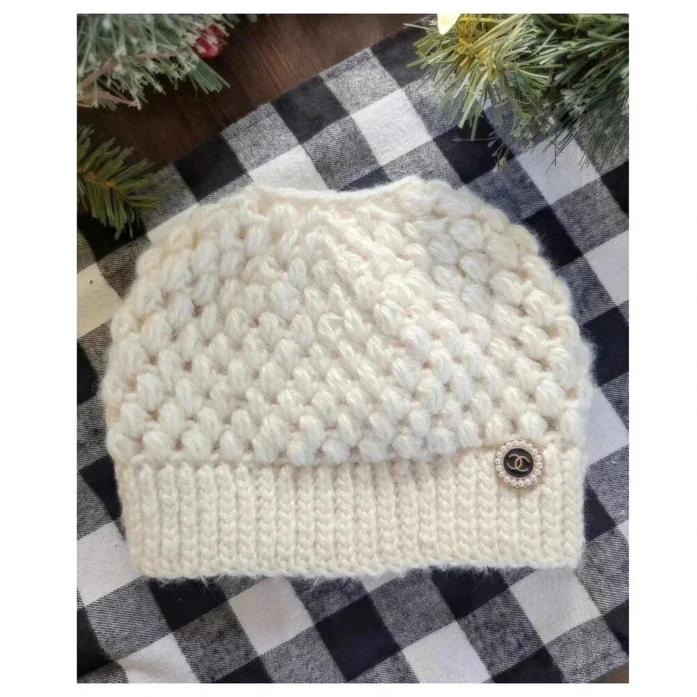 HANDMADE Crochet Cream Ponytail Beanie w/ Authentic Chanel Accent Button